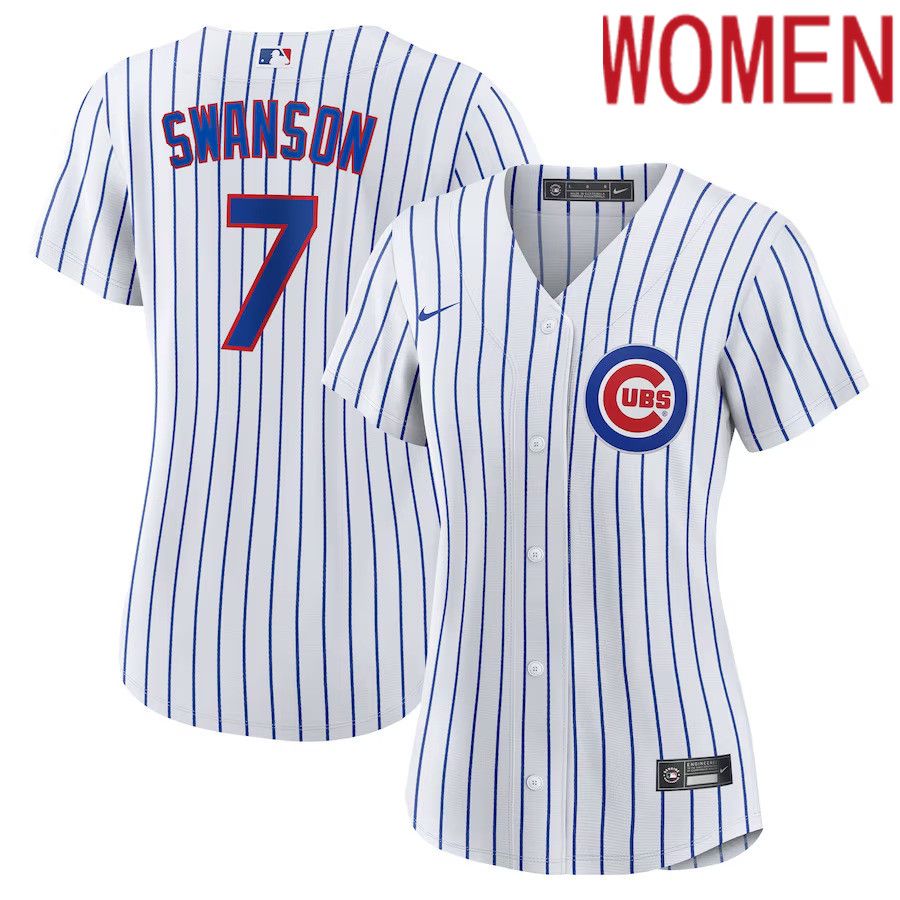 Women Chicago Cubs 7 Dansby Swanson Nike White Royal Home Replica Player MLB Jersey